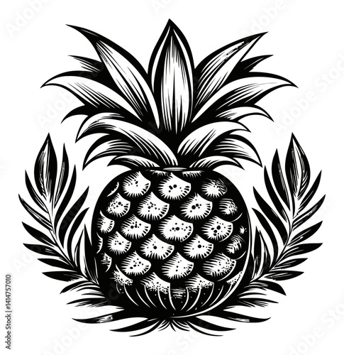 Detailed Woodcut Style Illustration of a Pineapple with Leaves