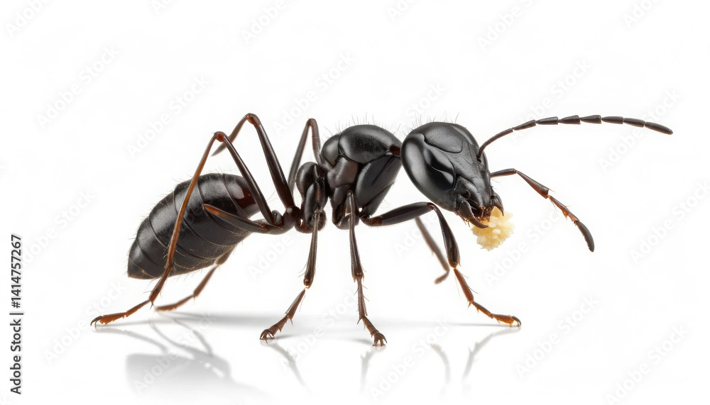 A close-up image of a black ant depicting its detailed features, including its segmented body and antennae. A close-up image of a black ant depicting its detailed features, including its segmented body and antennae.