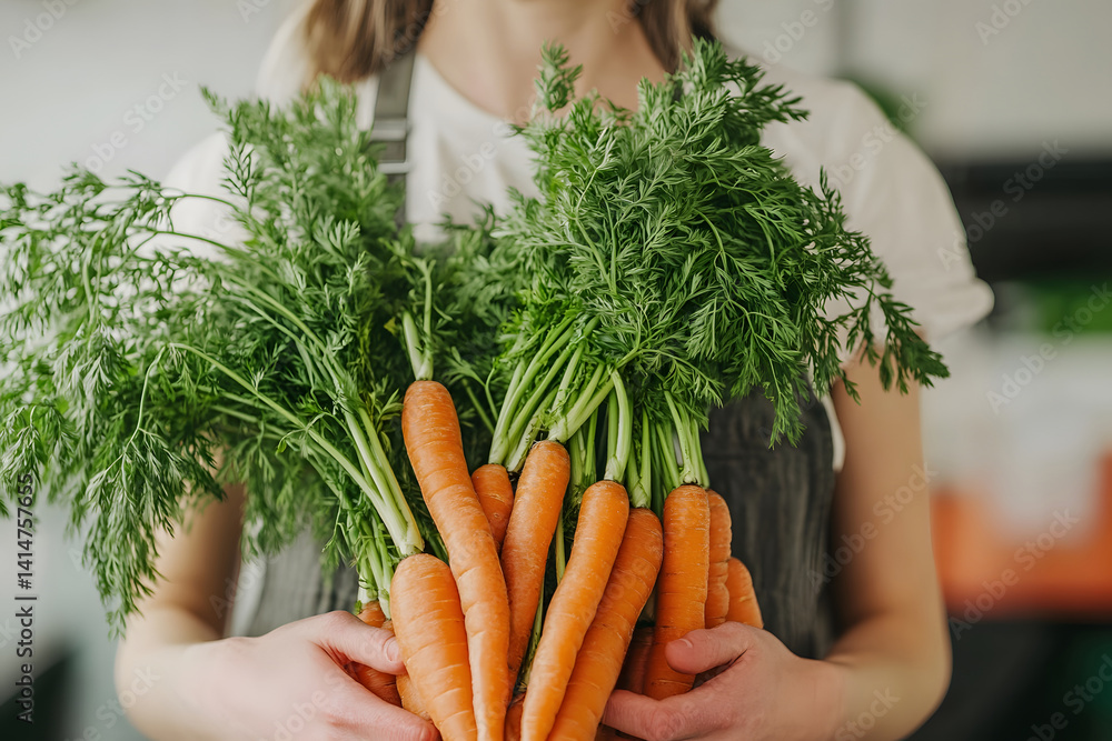 Close-up view of freshly pulled carrots with vibrant green leaves resting on clean white background, captured post-harvest to celebrate farm freshness, seasonal color, and garden-grown beauty.