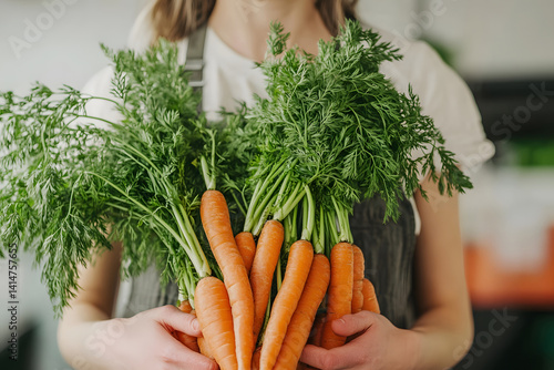 Obraz na płótnie Close-up view of freshly pulled carrots with vibrant green leaves resting on clean white background, captured post-harvest to celebrate farm freshness, seasonal color, and garden-grown beauty. w salonie