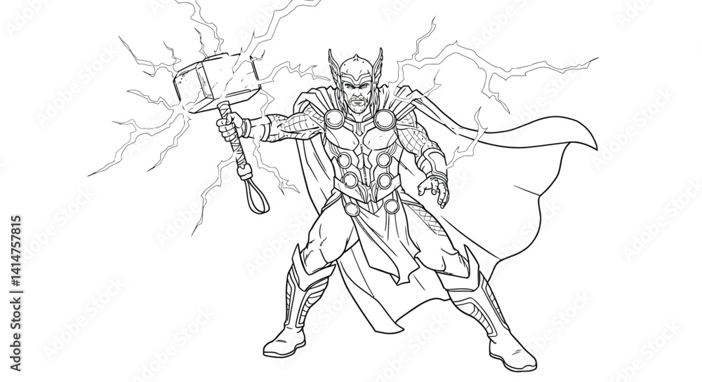 Fototapeta premium Detailed Line Art Thor God of Thunder Holding Mjolnir Hammer Amidst Flashing Lightning Norse Mythology Drawing