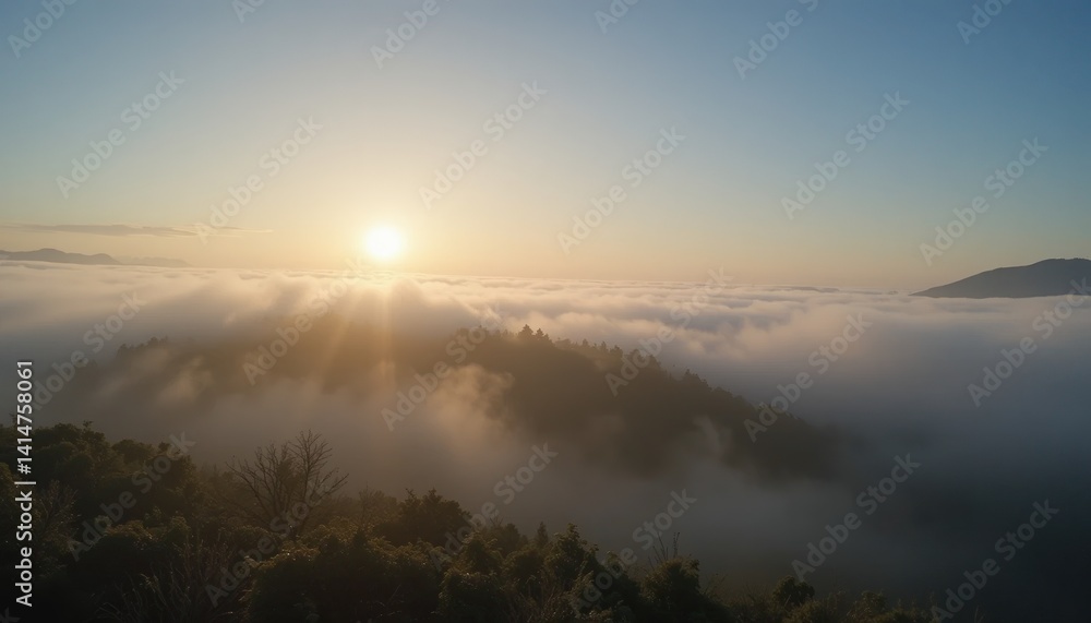 Naklejka premium Sunrise action over foggy landscape mountain range aerial view nature's tranquility scenic environment for ultimate serenity