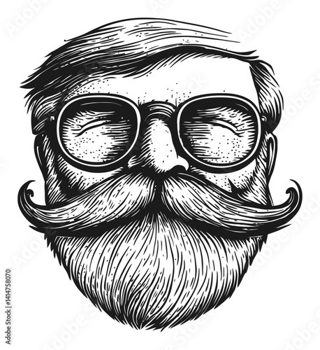 Vintage Engraving of a Hipster Man with Thick Mustache and Glasses