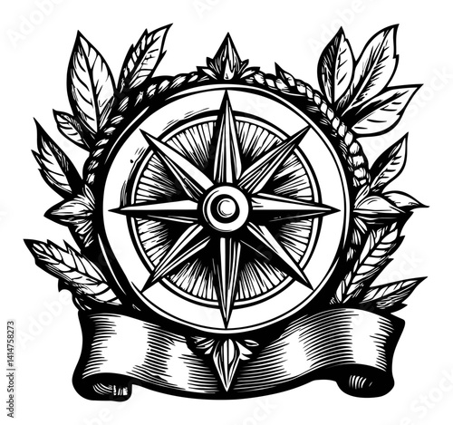 Vintage Nautical Compass with Decorative Leaves and Ribbon Design