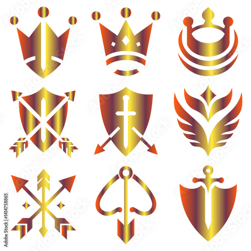 Gilded gold-plated antique heraldic insignia featuring shield and royal weapons elegant vector