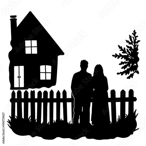 Silhouette of Couple Standing Together by a Fence with House and Tree for Home Decor, Relationship Blogs, Family Websites, Romantic Cards, and Art Projects