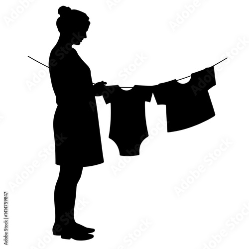 Silhouette of a Woman Hanging Baby Clothes on a Line for Parenting Blogs, Home Care Websites, Family Articles, Nursery Decor, and Domestic Life Awareness
