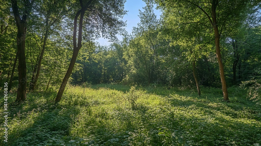 Obraz premium Sun-Dappled Forest Glade, A Serene View of Nature's Green Sanctuary