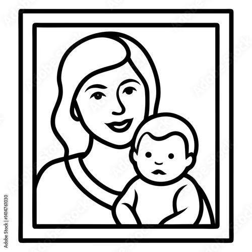A simple, black and white line art illustration of the Virgin Mary holding the infant Jesus.
