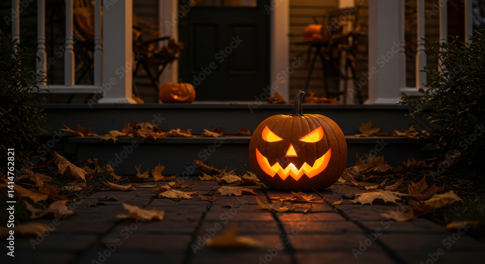 Obraz premium Glowing pumpkin with a spooky face on a porch surrounded by autumn leaves 