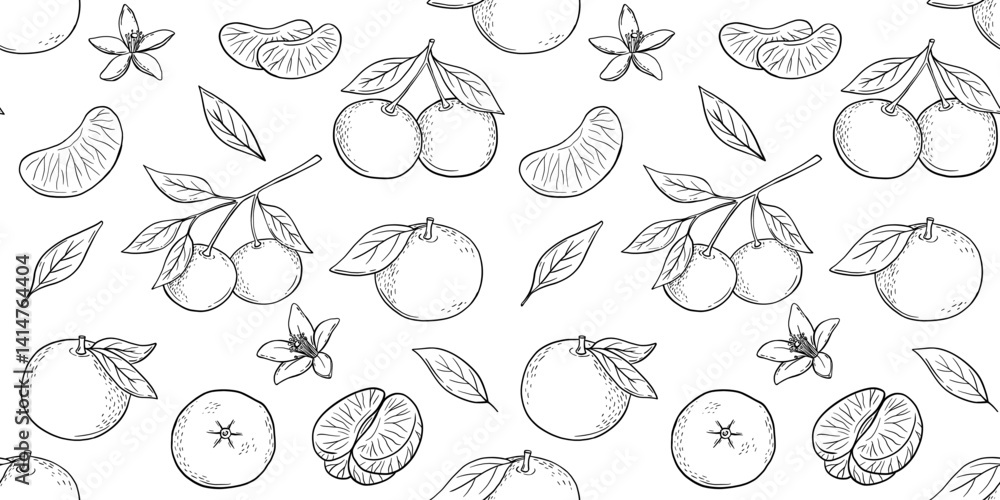 Seamless pattern with hand drawn sketch of mandarin, tangerine fruit. Vector isolated illustration. Engraved style. Seamless pattern with hand drawn sketch of mandarin, tangerine fruit. Vector isolated illustration. Engraved style.