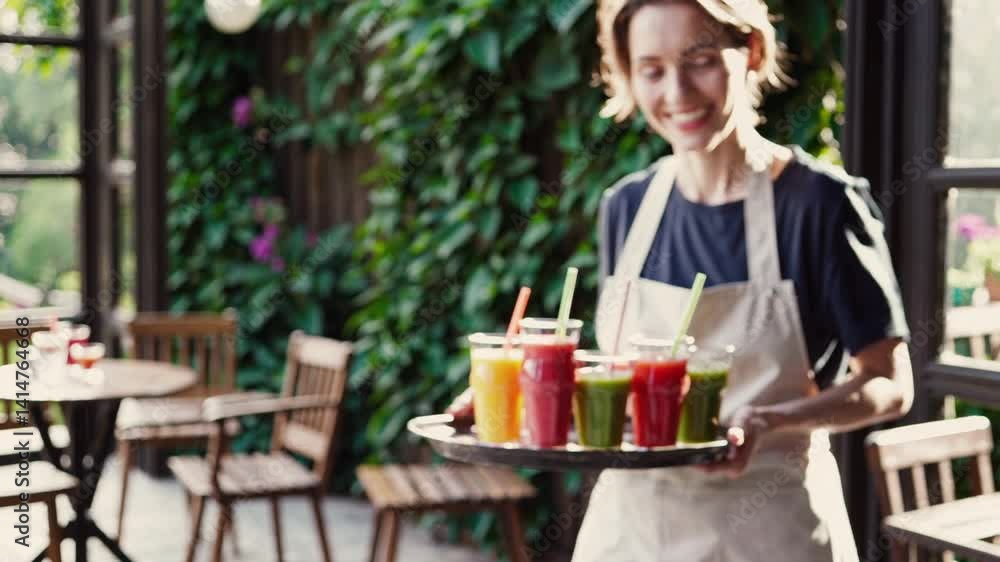 Smiling waitress serves refreshing juices in cozy outdoor cafe on a sunny day Smiling waitress serves refreshing juices in cozy outdoor cafe on a sunny day