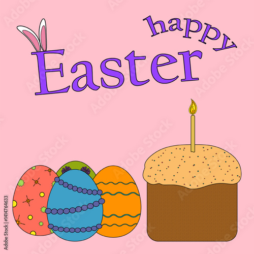 Colorful Easter greeting card with national religious festive Easter cake - kulich - with candle, and decorated Easter eggs, and - Happy Easter - text on a cute pink background. Perfect for holiday.