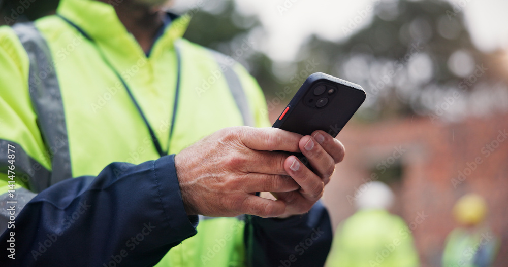 Phone, man and hands of construction worker on site with contact for renovation approval. Contractor, cellphone and closeup of male civil engineer reading building, maintenance or repairs online.