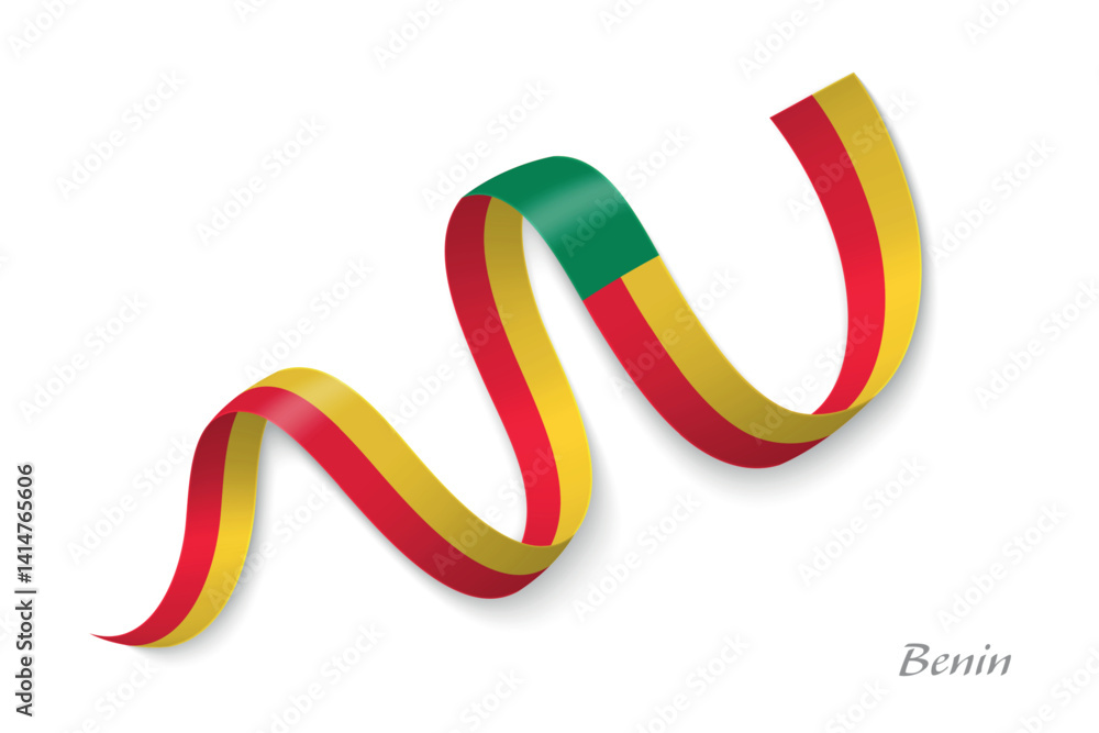 Benin flag ribbon waving with national colors