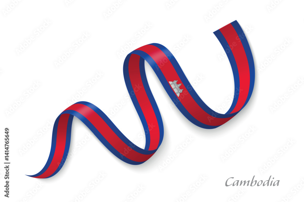 Cambodia flag ribbon waving with national colors