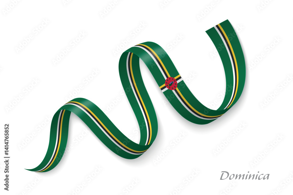 Dominica flag ribbon waving with national colors