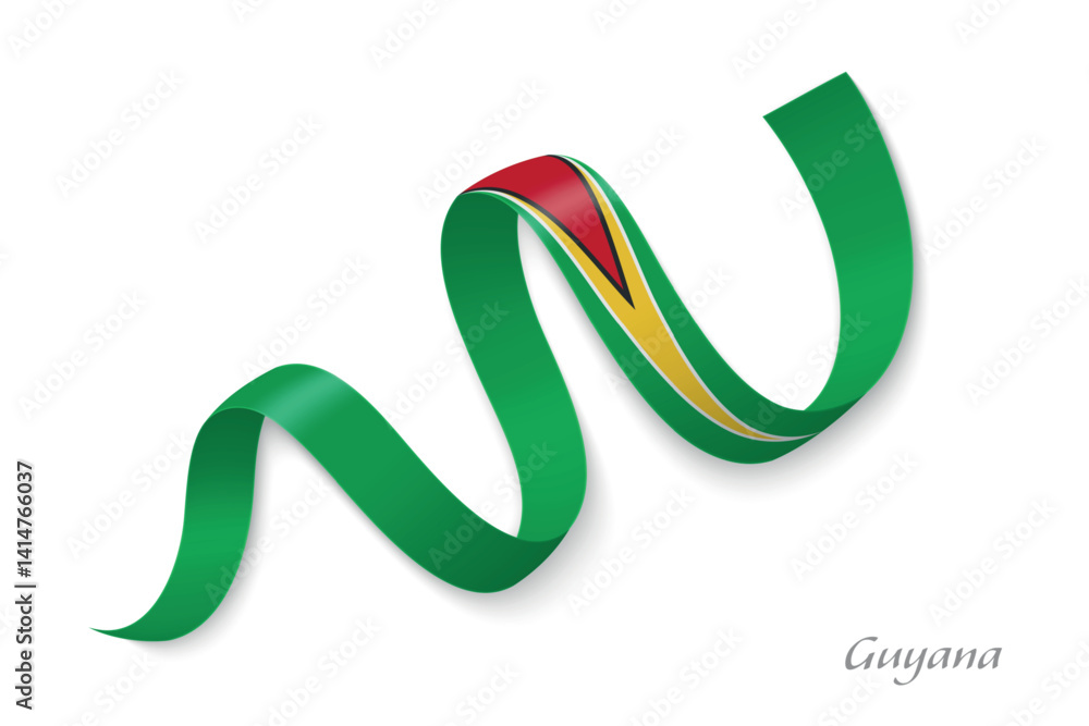 Guyana flag ribbon waving with national colors