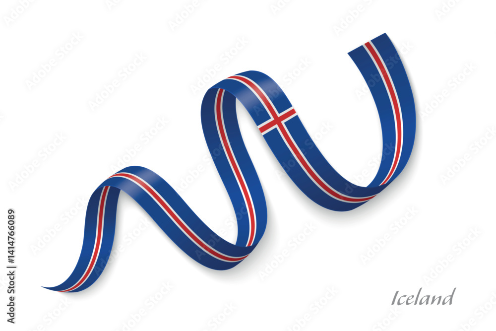 Iceland flag ribbon waving with national colors