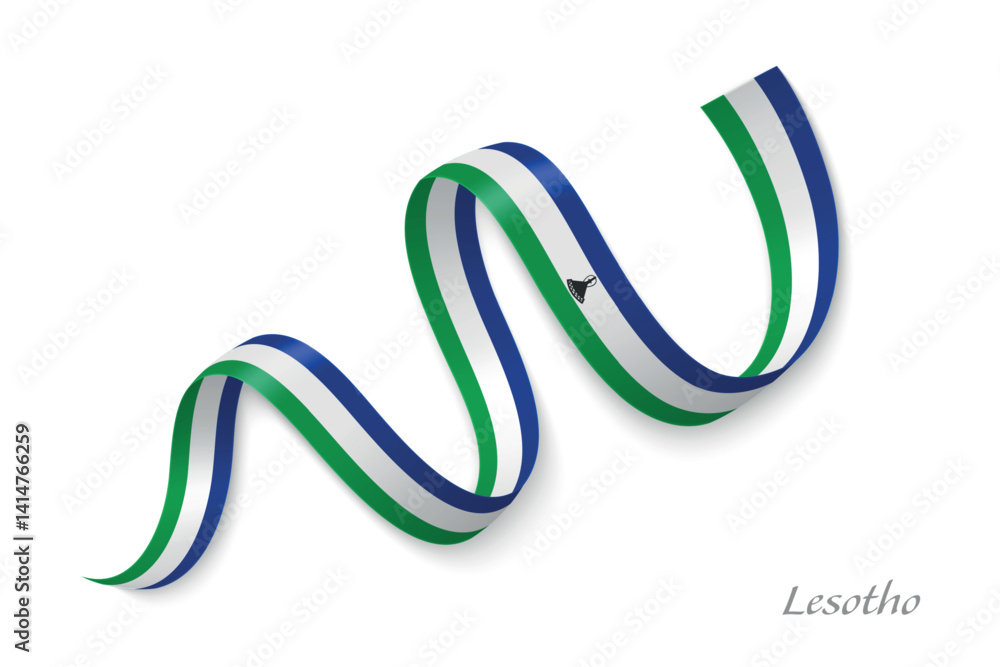Lesotho flag ribbon waving with national colors