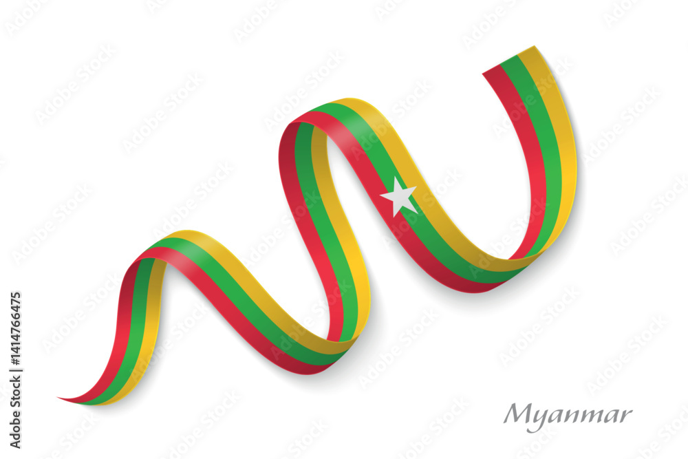 Myanmar flag ribbon waving with national colors