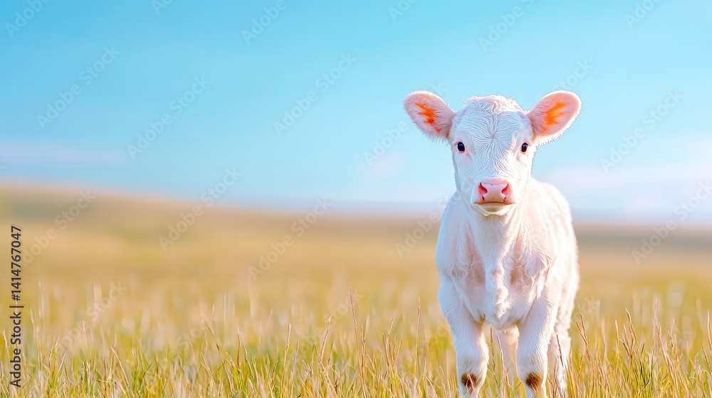 Obraz premium Adorable white calf in sunny field idyllic farm animal stock photo
