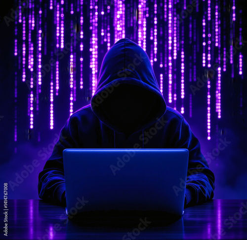 Hacker Scammer Spammer Concept, Anonymous Hooded Man Typing on Laptop Against Glowing Purple Matrix Wall, Cybercrime, Digital Fraud, Dark Web, Cybersecurity, Phishing