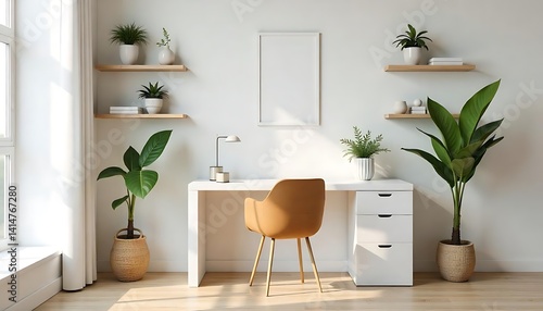 A modern home office with a white desk  wooden chair  and decorative plants and vases on the shelves  Bohemian home office interior  Created with generative ai
