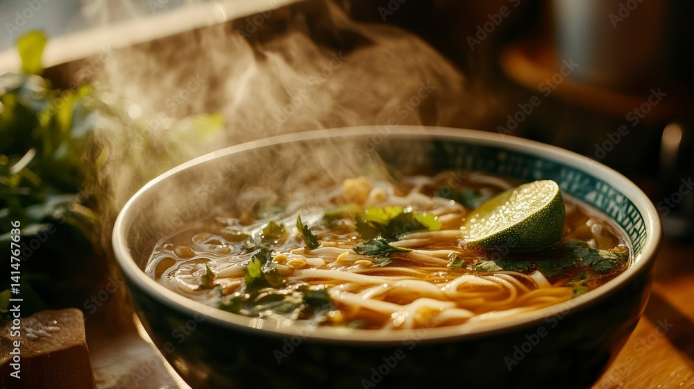 Steaming bowl of noodle soup with lime and herbs. Steaming bowl of noodle soup with lime and herbs.