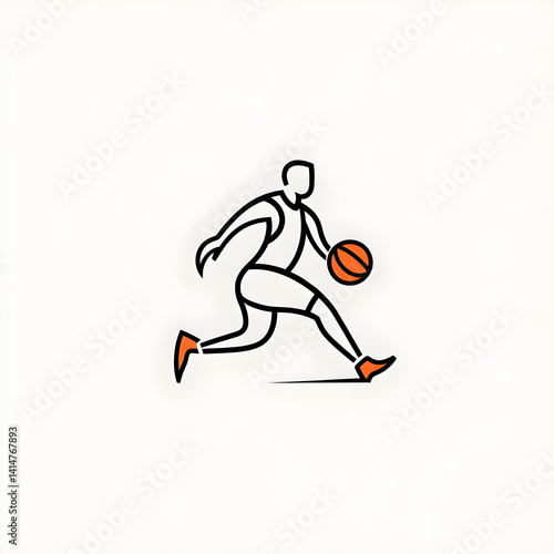 Minimalist black and white logo of a basketball player in motion, dribbling or shooting, with curved clean lines, pastel orange ball detail, and energetic linework on a white background.