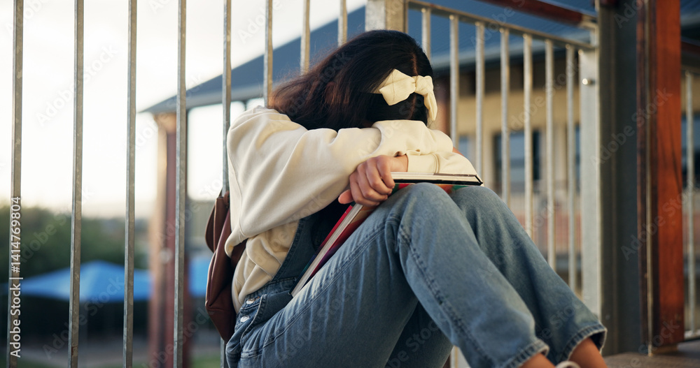 Φωτογραφία Girl, sad and lonely with crying at school with depression, bullying or social isolation on ground