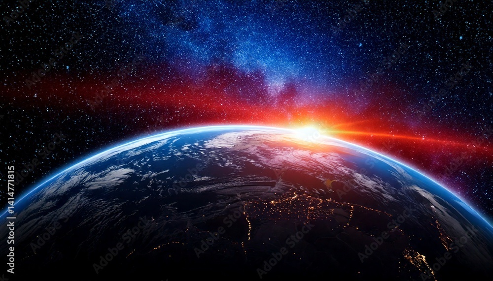 Fototapeta premium Blue planet Earth, a global sphere with continents and seas illuminated by the sun's light in vast space