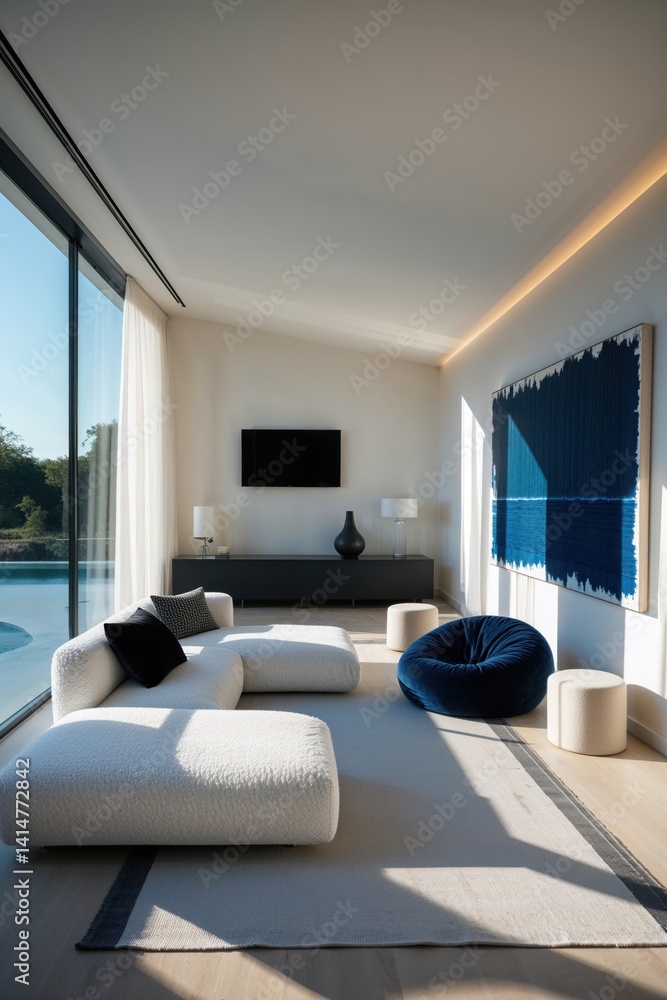 Fototapeta premium Generative AI, Modern White Living Room with Blue Accents