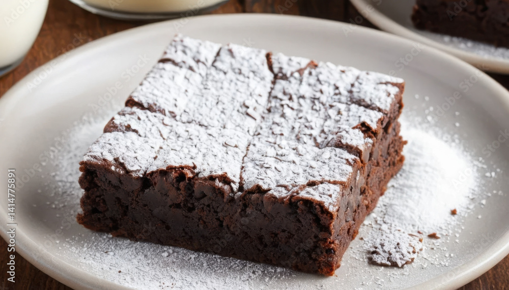 A delicious chocolate brownie dusted with powdered sugar, served on a simple plate, evoking a tempting dessert experience. A delicious chocolate brownie dusted with powdered sugar, served on a simple plate, evoking a tempting dessert experience.