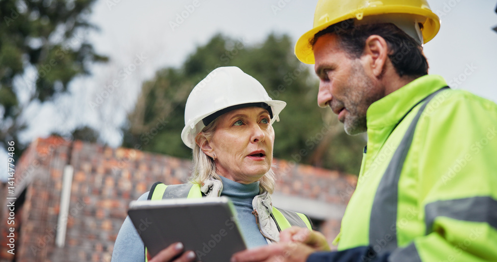 Construction, teamwork and colleagues with tablet, outdoor and discussion for project management and app. Architecture, mature woman and man with tech for digital blueprint, collaboration and talking Construction, teamwork and colleagues with tablet, outdoor and discussion for project management and app. Architecture, mature woman and man with tech for digital blueprint, collaboration and talking