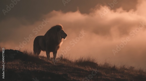 Majestic lion atop a misty mountain