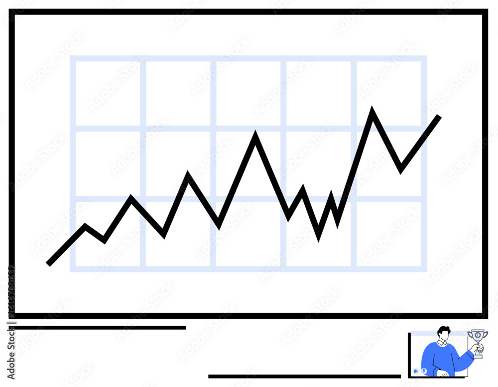 Black rising line chart on a grid background with a small presenter figure conveying progress and analysis. Ideal for business, growth, education, data, strategy, success, finance. Flat simple Black rising line chart on a grid background with a small presenter figure conveying progress and analysis. Ideal for business, growth, education, data, strategy, success, finance. Flat simple