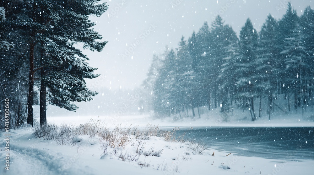 Fototapeta premium Peaceful Winter Landscape with Gentle Snowfall, Soft Natural Light, Minimal Composition