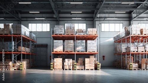 Spacious Warehouse Interior with Organized Shelves  Natural Ambient Light  Clean Industrial Setting