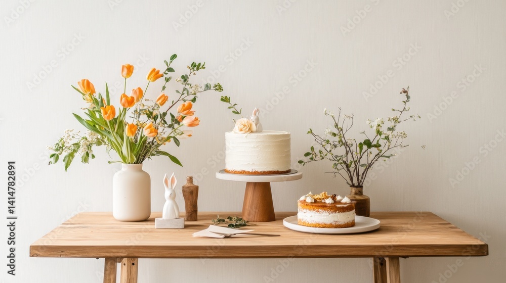 Textured spring table with tulips, artisan cake, and minimal white rabbit accents Textured spring table with tulips, artisan cake, and minimal white rabbit accents