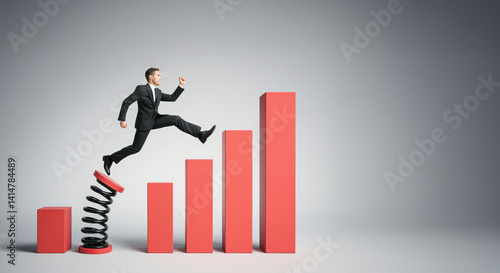 Businessman jumping from spring onto red bar graph staircase symbolizing fast career progress on light background in creative concept scene.