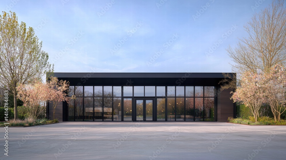 Fototapeta premium Modern Architectural Building with Large Windows Surrounded by Greenery and Trees