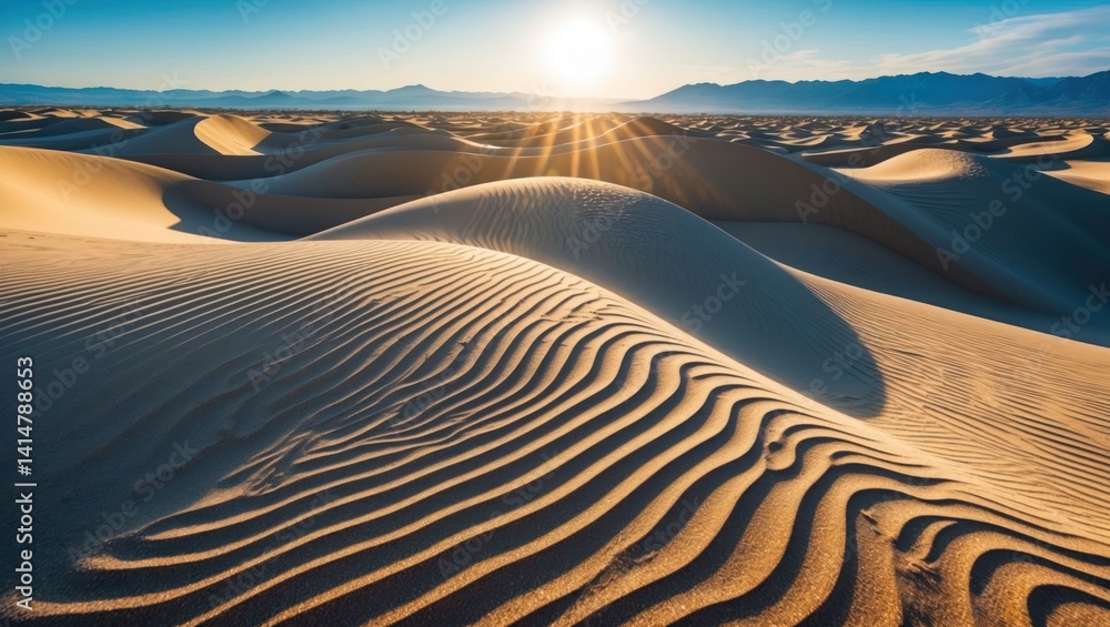 Naklejka premium Sand Dunes Landscape at Sunrise with Mountains and Clear Sky