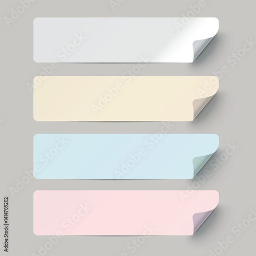Set of vector horizontal realistic paper labels with different colors on transparent background.