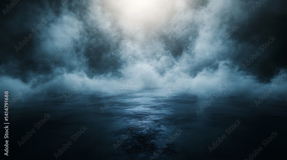 Mysterious Foggy Atmosphere, Mysterious foggy atmosphere over a dark, reflective surface Mysterious Foggy Atmosphere, Mysterious foggy atmosphere over a dark, reflective surface