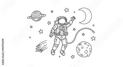 Astronaut Waving Space Tethered Spaceship Stars Planet Crescent Moon Spacewalk Exploration Vector Art