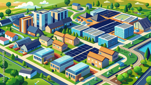 Aerial hyperlapse of modern sustainable residential neighbourhood in Almere, The Netherlands, with solar panels island providing city heating