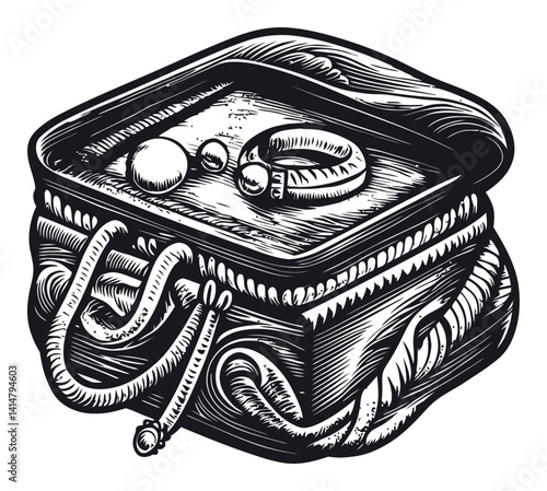 Vintage Woodcut Illustration of Jewelry Box and Accessories