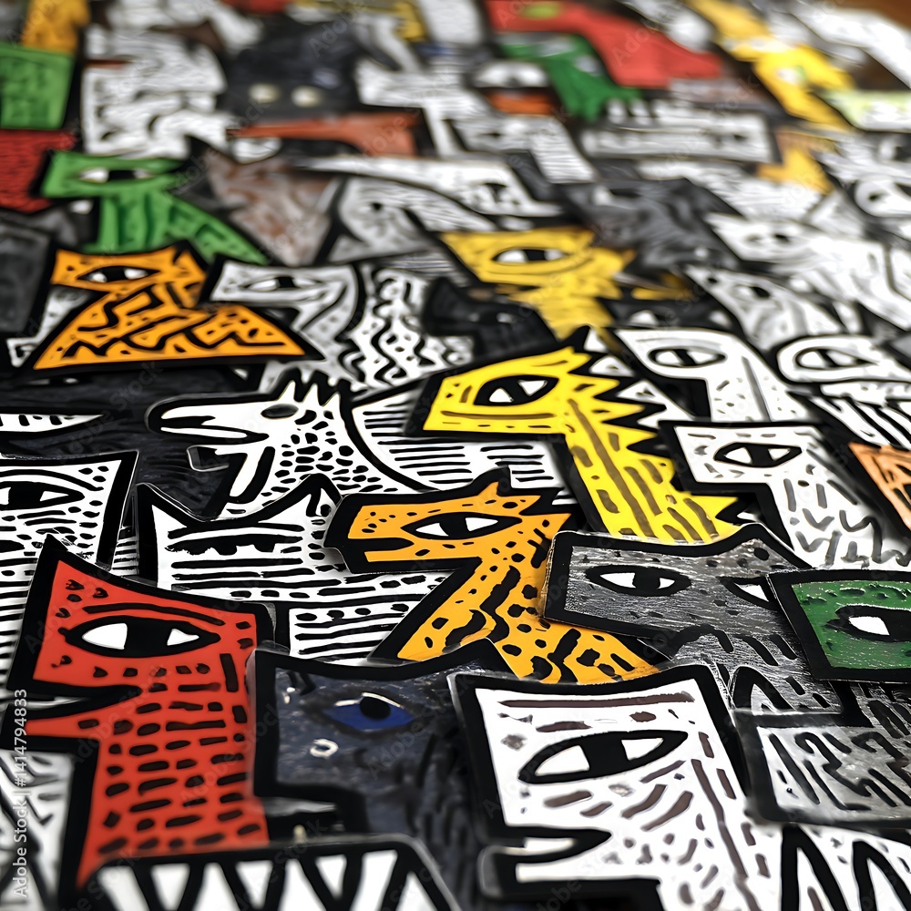 Obraz premium Abstract Quirky Creatures Pattern Decorative Animals Creative Art Style Vibrant Colors Modern Aesthetic