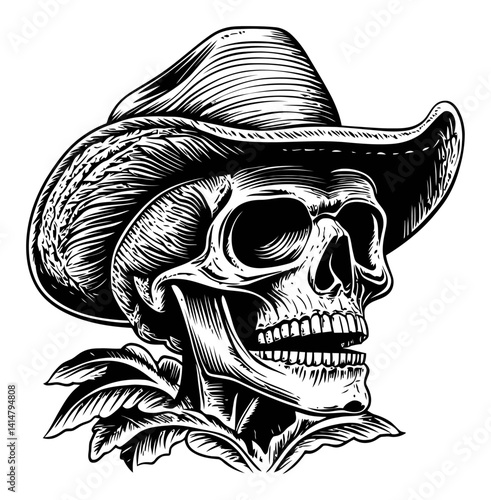 Vintage Woodcut Style Skull with Cowboy Hat and Floral Elements